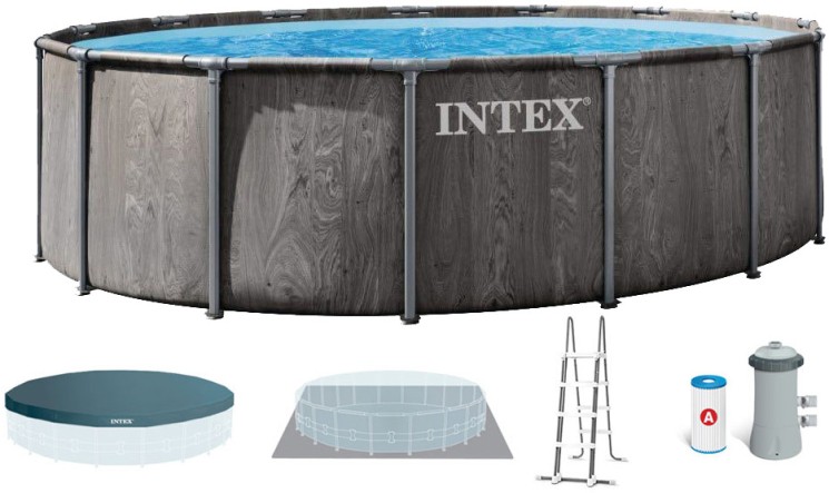 Каркасний басейн Intex 26742 GREYWOOD (457х122 см) з картриджним фільтром, драбиною та тентом