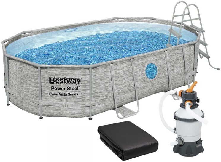 Каркасний басейн Bestway 56946 (488х305х107 см) з пісочним фільтром, драбиною та захисним тентом